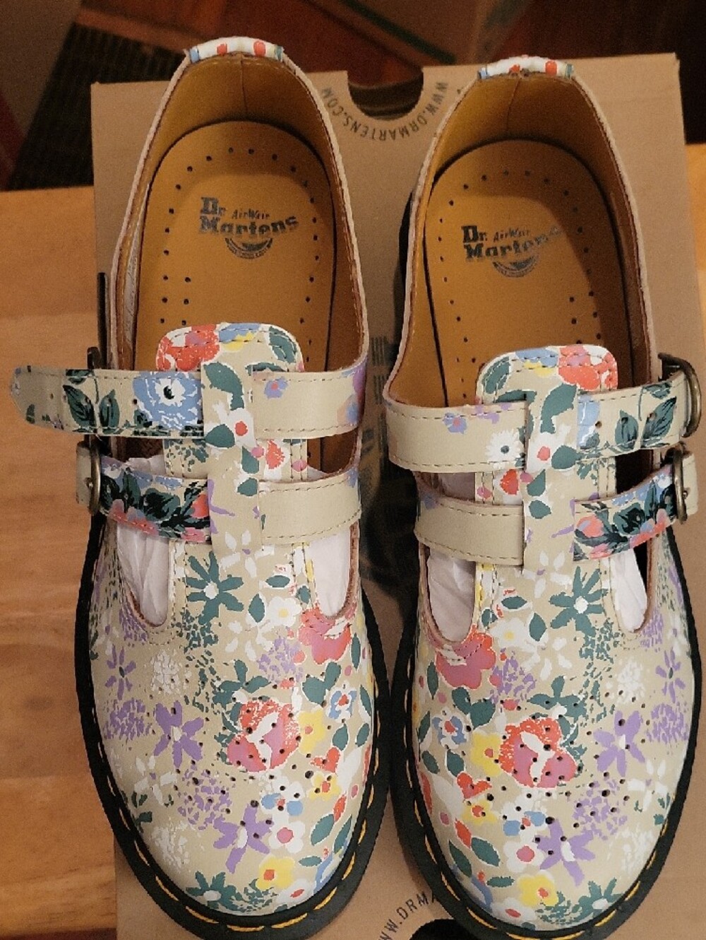 Dr. Martens Womens Cream Floral Double-Strap Mary Janes - Picture 2 of 9